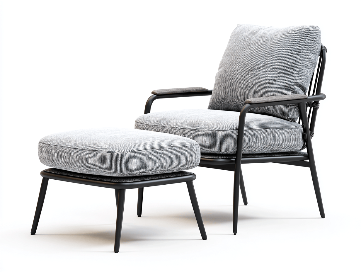 Fauteuil de jardin avec repose-pieds – aluminium noir et coussins gris – style contemporain extérieur-Nestete