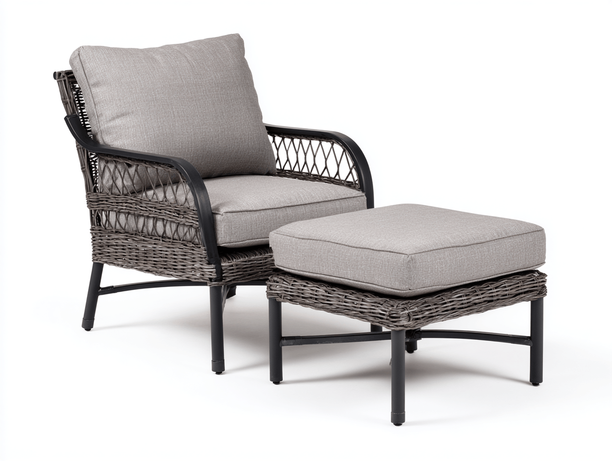Fauteuil de jardin en résine tressée avec repose-pieds – coussins gris – structure noire – style contemporain extérieur-Nestete
