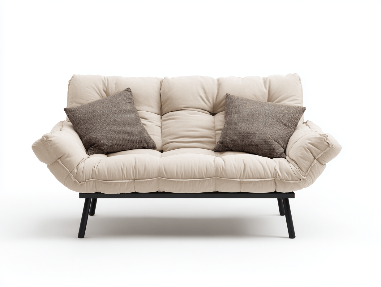 Canapé-lit beige 2 places – pieds noirs – avec 2 coussins – style moderne-Nestete