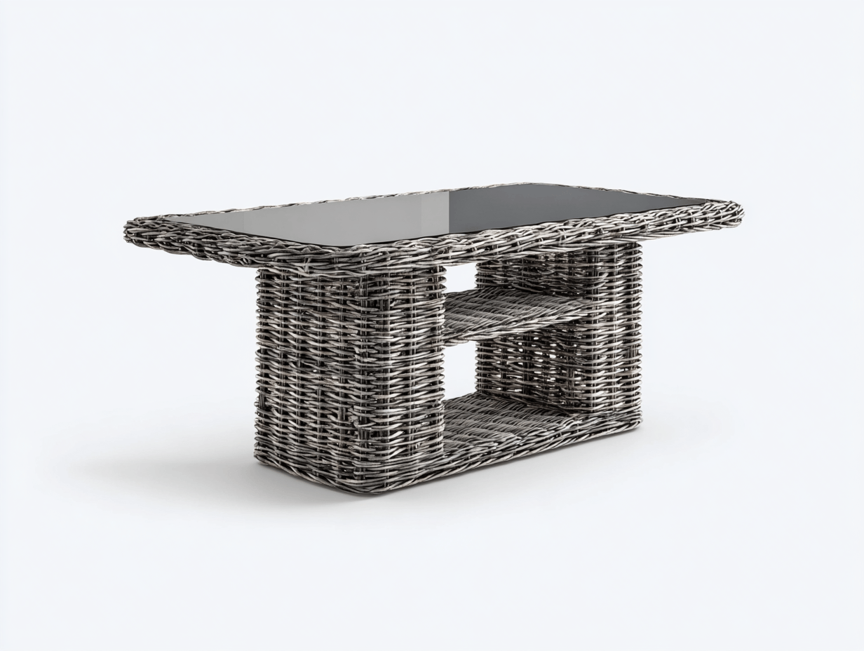 Table de jardin rectangulaire en rotin gris avec plateau en verre – 2 niveaux de rangement – style moderne extérieur-Nestete