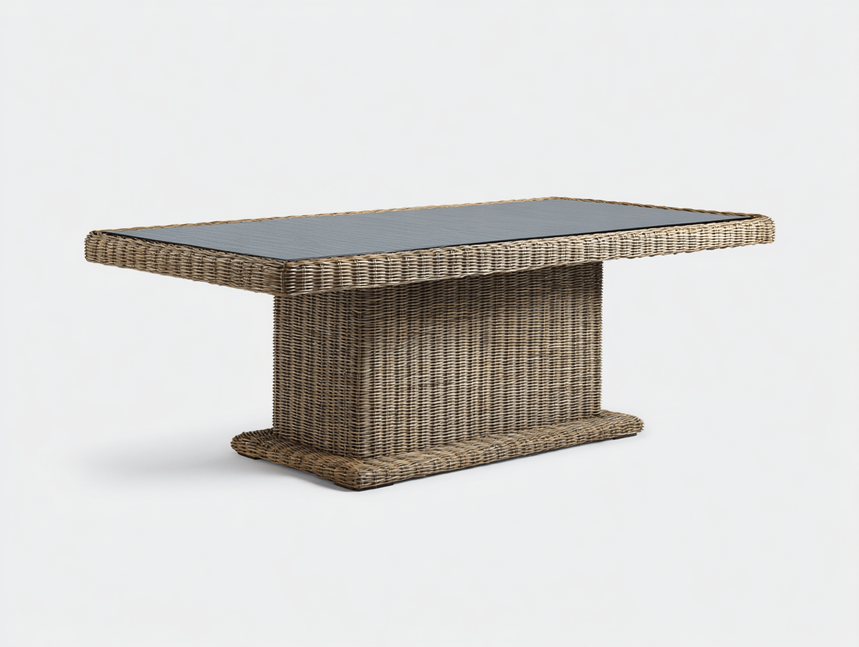 Table de jardin en résine tressée beige avec plateau en verre noir – forme rectangulaire – design pied central solide-Nestete