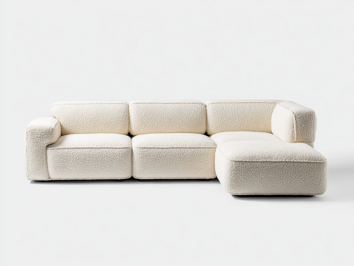 Canapé d’angle gauche modulable en tissu bouclette crème – design épuré – sans coussins ni oreillers-Nestete