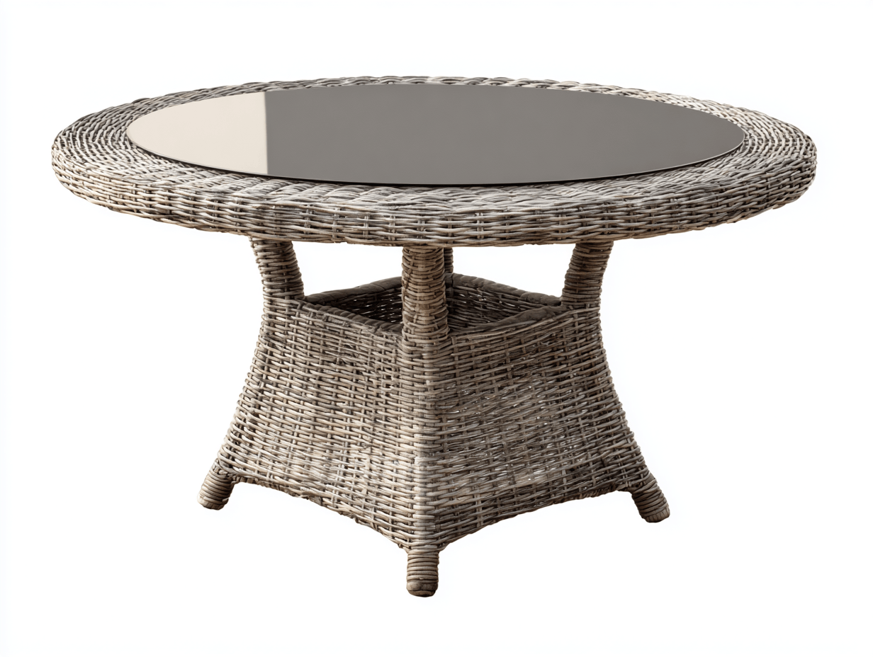 Table de jardin ronde en résine tressée grise avec plateau en verre noir – design élégant pour extérieur-Nestete