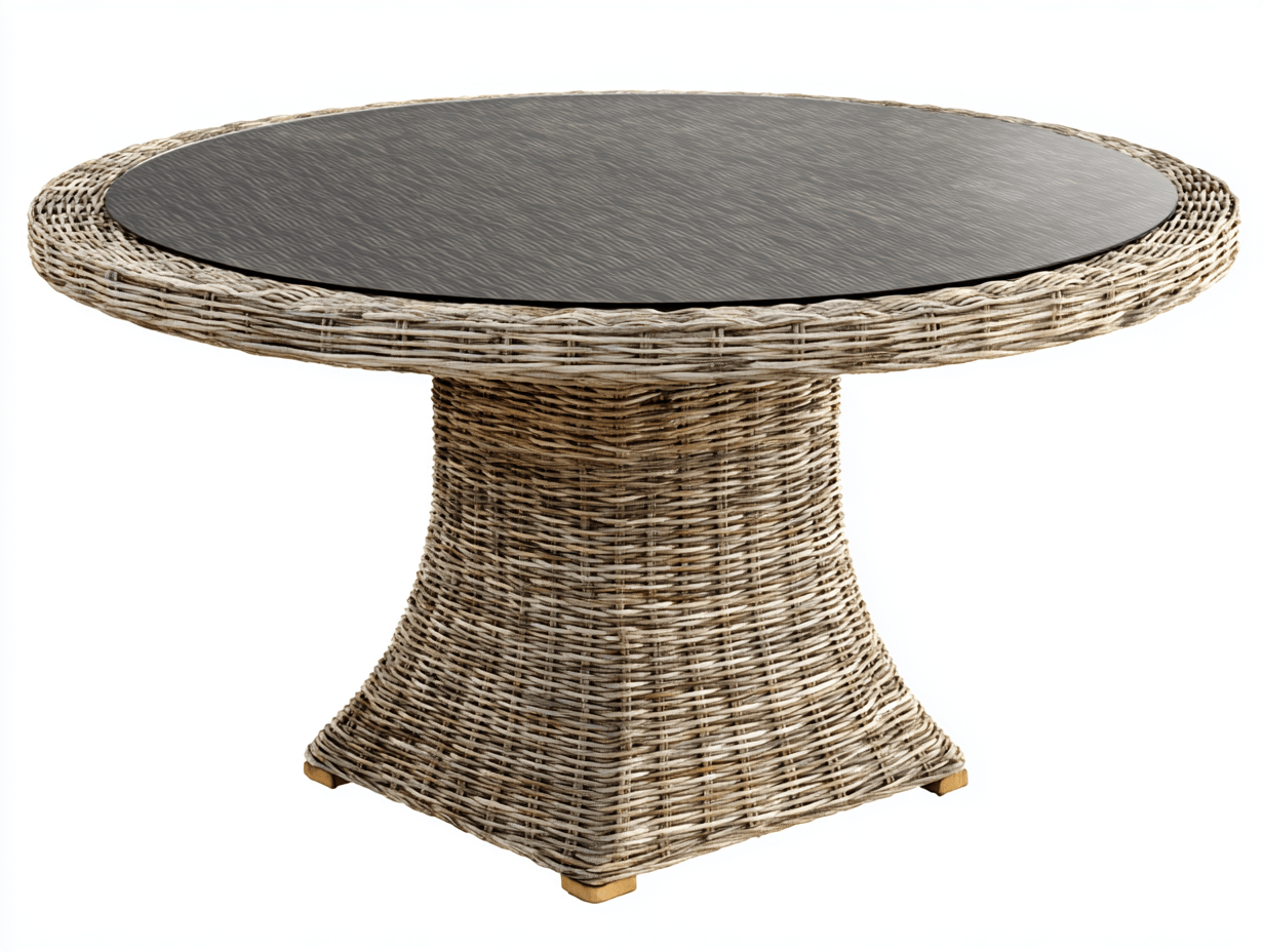 Table de jardin ronde en résine tressée grise avec pied évasé et plateau en verre noir – design contemporain pour extérieur-Nestete