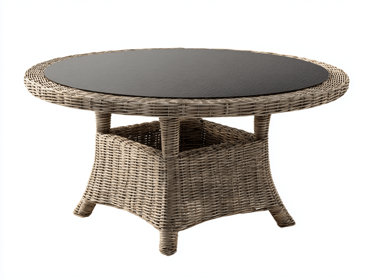Table de jardin ronde en résine tressée grise avec structure croisée et plateau en verre noir – style naturel et moderne-Nestete