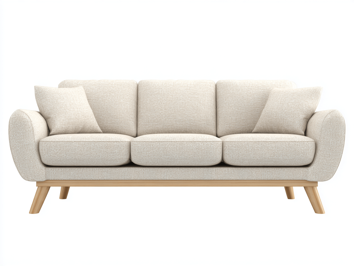 Canapé 3 places tissu crème pieds bois clair style scandinave avec trois coussins et deux oreillers – pour salon-Nestete