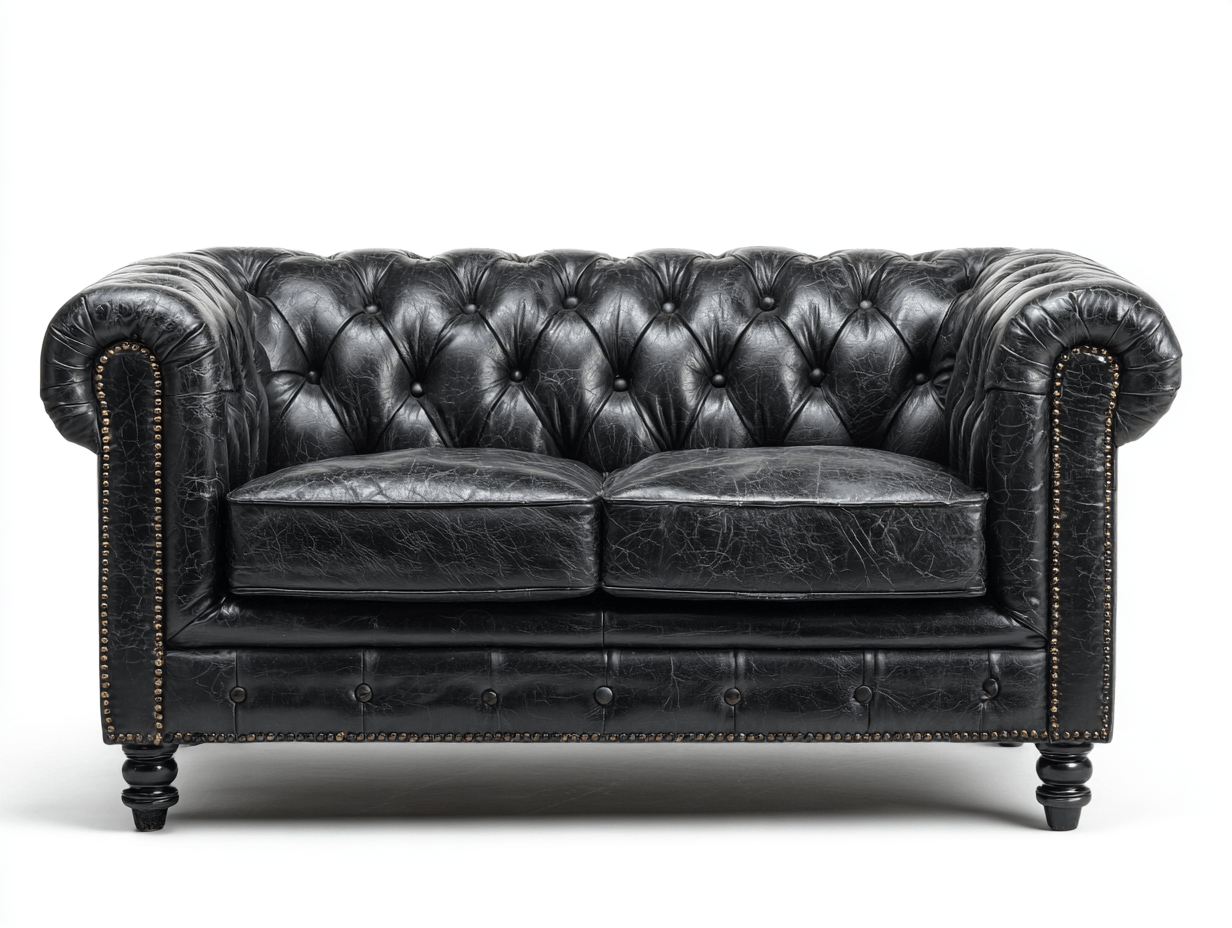 Canapé Chesterfield 2 places en cuir vieilli noir – style vintage – accoudoirs capitonnés-Nestete