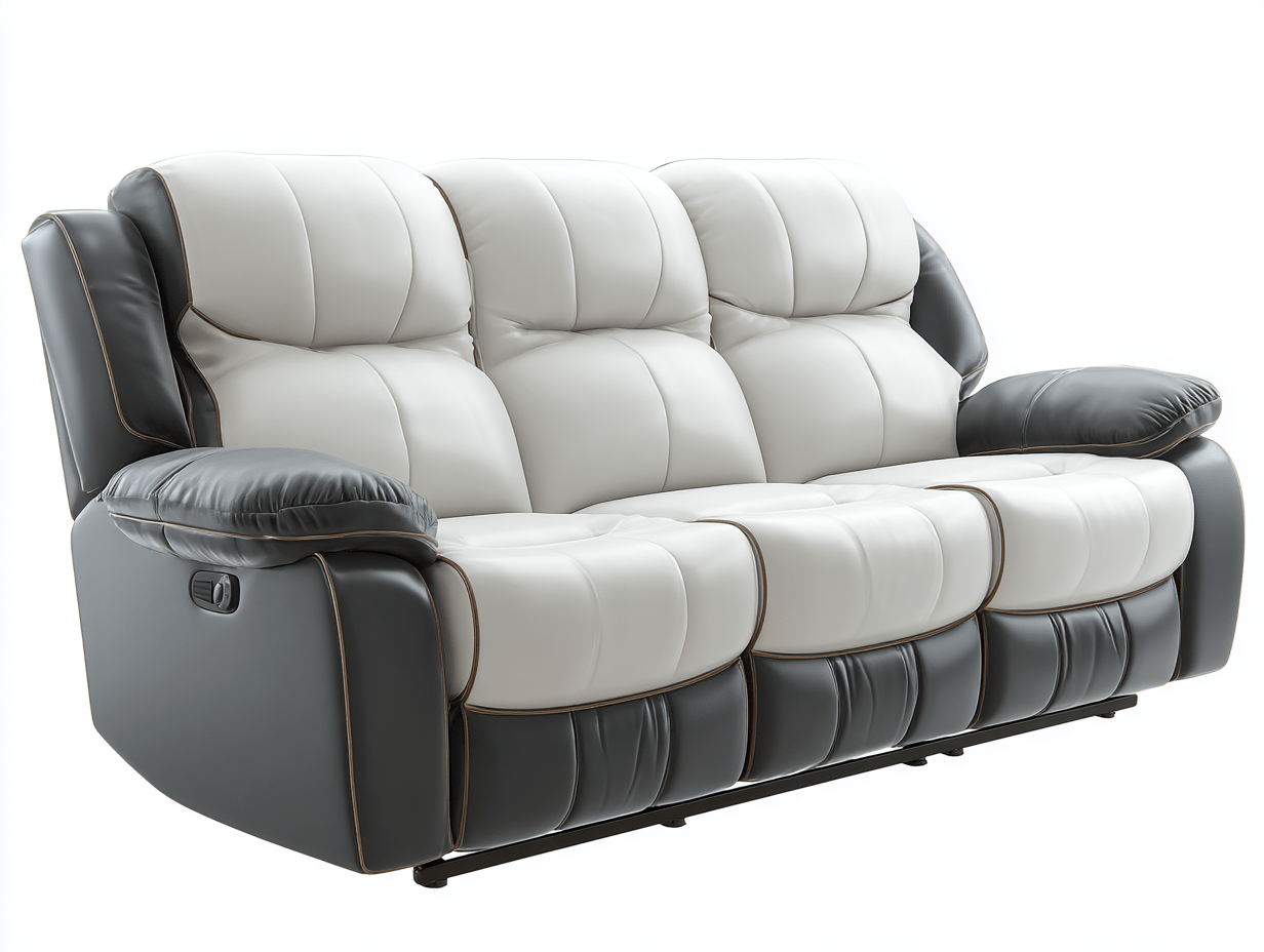 Canapé relax 3 places simili cuir blanc et gris – finitions passepoil marron – inclinaison manuelle-Nestete