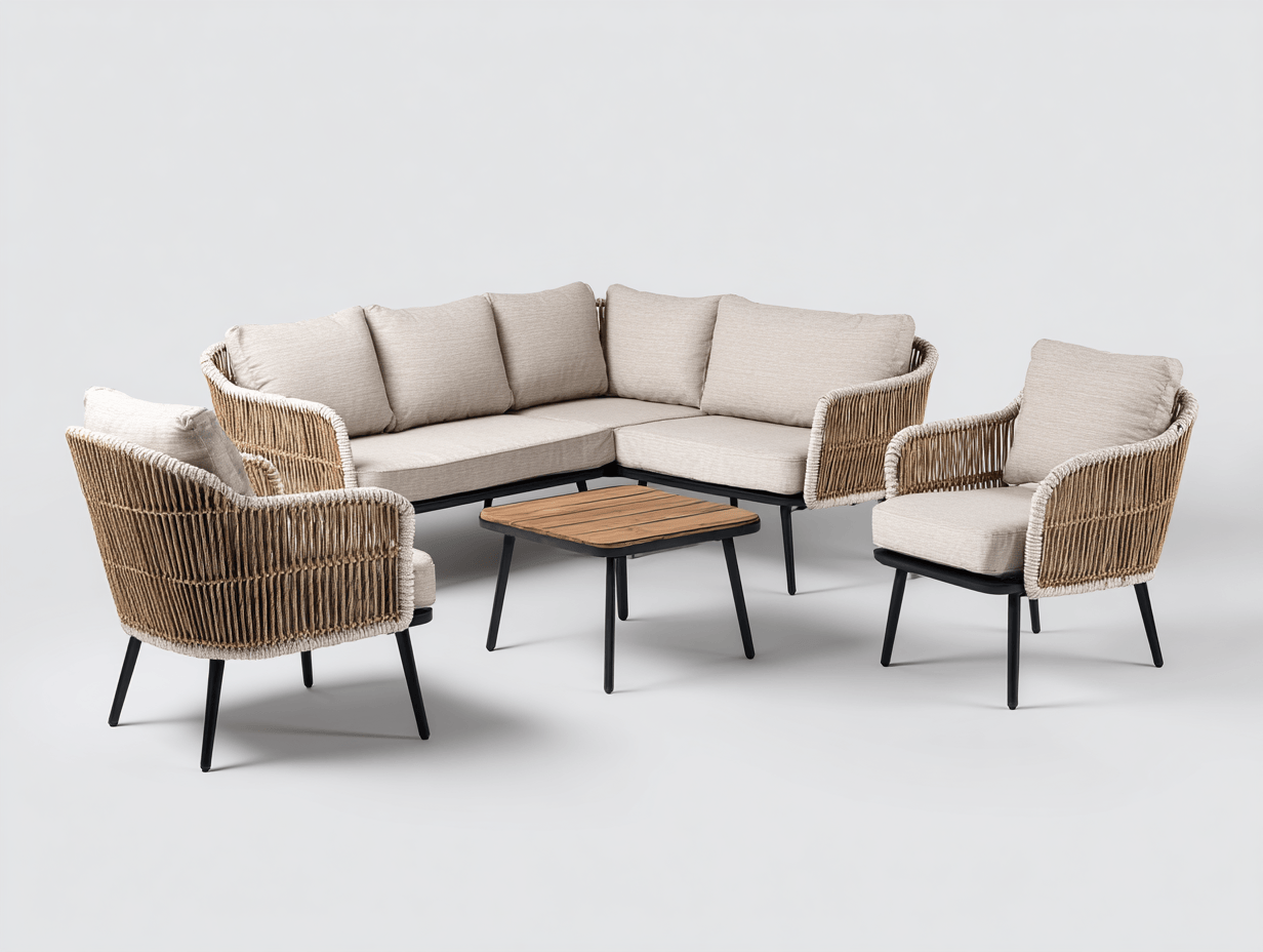 Salon d’extérieur en résine tressée beige – canapé d’angle + fauteuils + table – avec 7 coussins de dossier-Nestete
