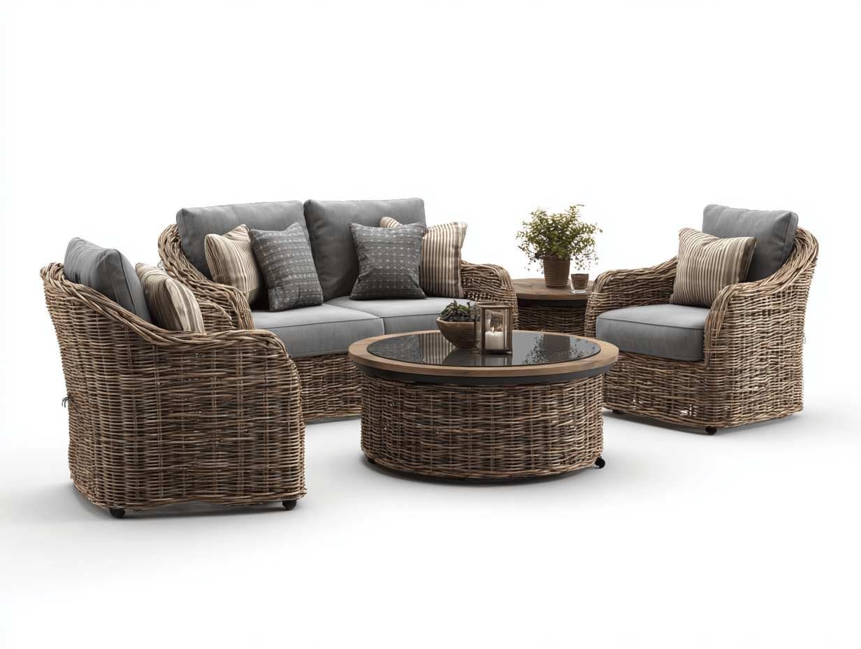 Salon de jardin en résine tressée naturelle – canapé 2 places + 2 fauteuils + 2 tables rondes – avec 4 coussins de dossier et 6 coussins décoratifs-Nestete