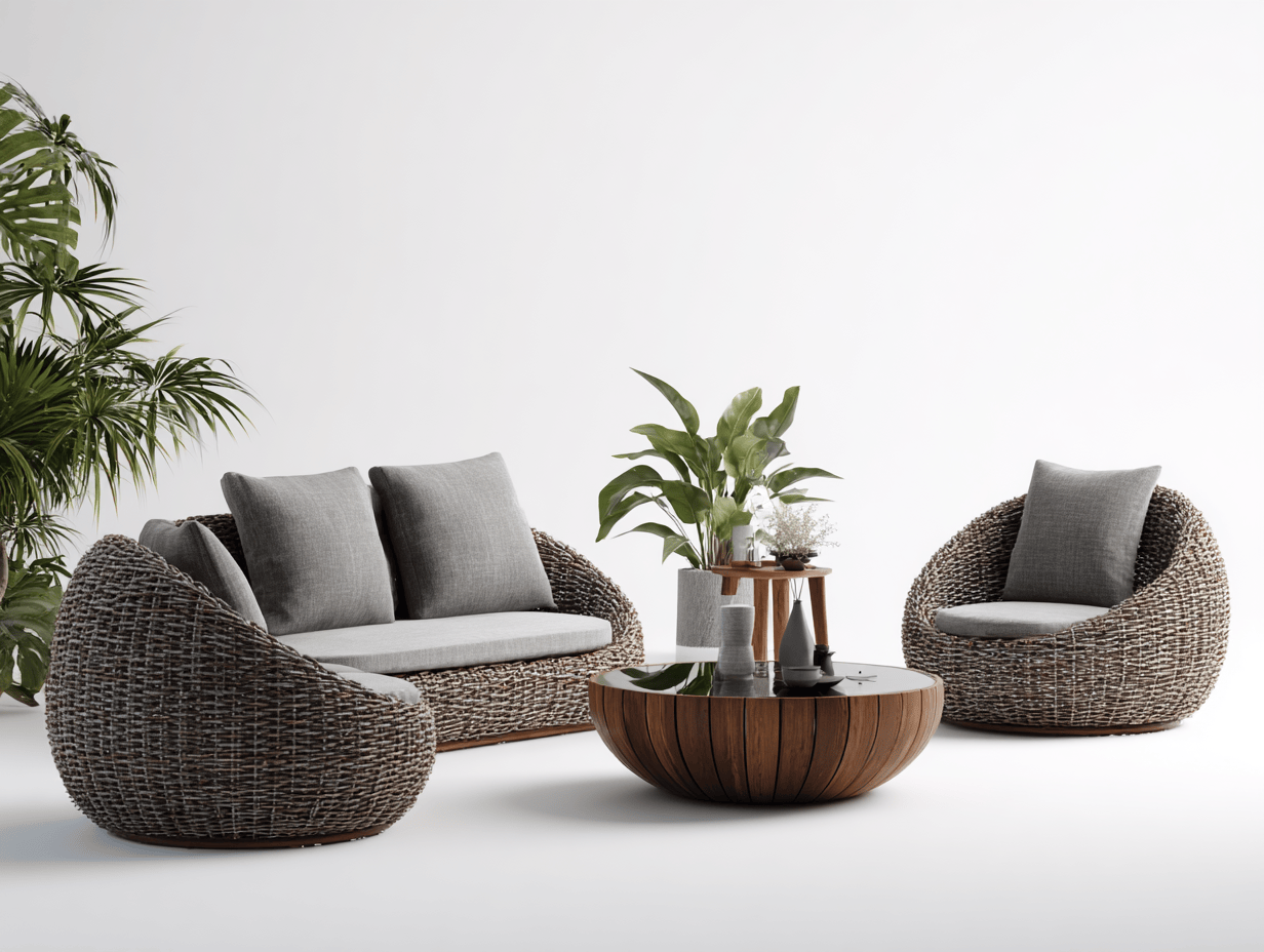 Salon de jardin en rotin tressé gris avec coussins gris - 1 causeuse et 2 fauteuils avec quatre coussins - table basse ronde en bois et verre - style contemporain-Nestete