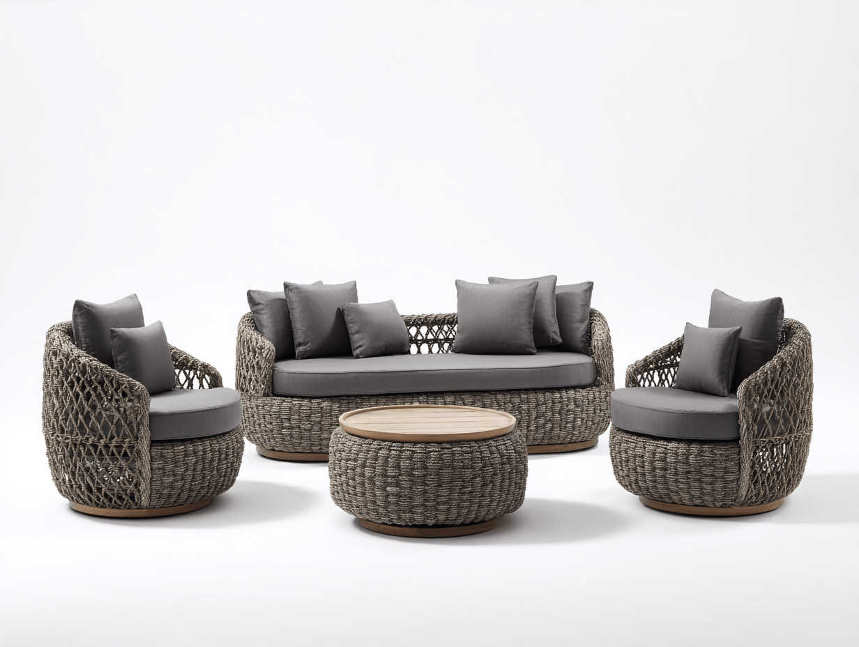Salon de jardin en rotin tressé gris avec coussins gris foncé – 2 places et 2 fauteuils avec sept coussins et trois petits coussins – table basse ronde en bois – style contemporain-Nestete