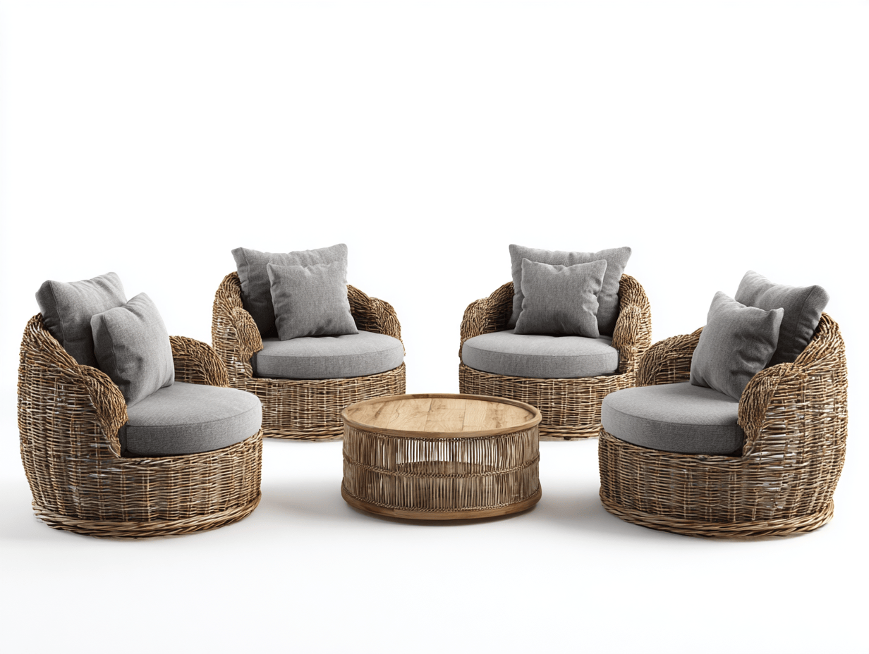 Salon de jardin en rotin tressé naturel avec coussins gris – 4 fauteuils avec quatre coussins et quatre petits coussins – table basse ronde en bois – style contemporain-Nestete