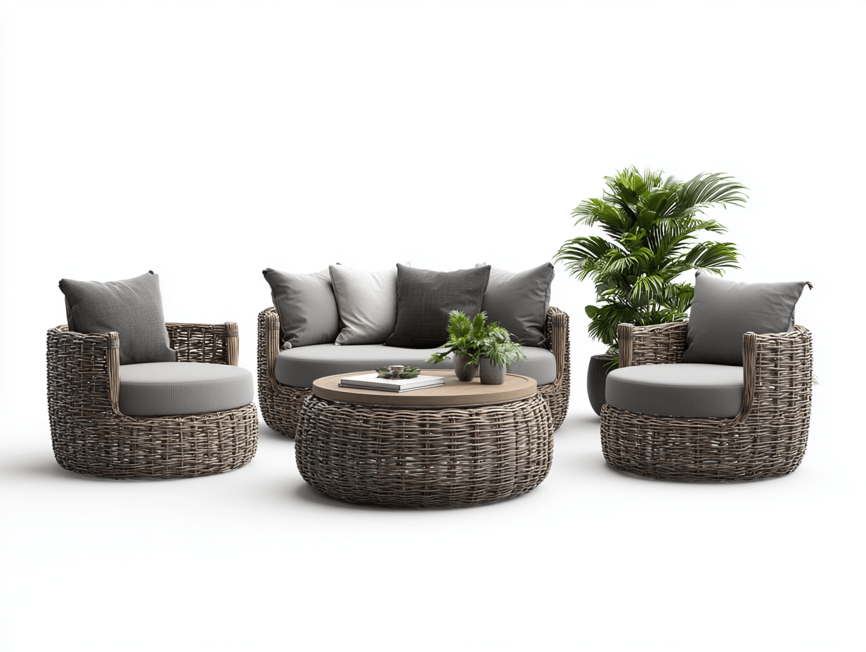 Salon de jardin en rotin tressé naturel avec coussins gris - canapé 2 places et 2 fauteuils avec quatre coussins et deux petits coussins - table basse ronde en bois - style contemporain-Nestete