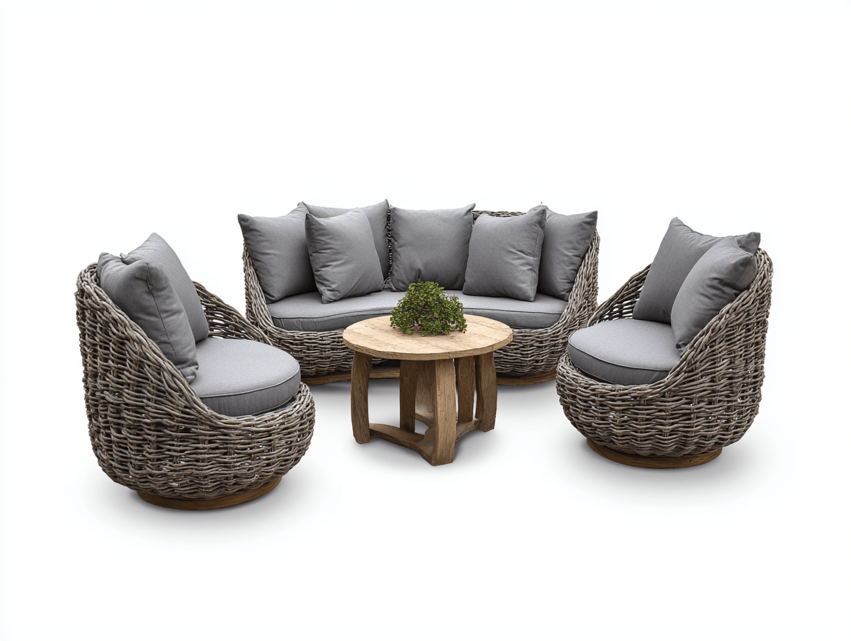 Salon de jardin en rotin tressé gris avec coussins gris - canapé 2 places et 2 fauteuils avec sept coussins et trois petits coussins - table basse ronde en bois - style contemporain-Nestete