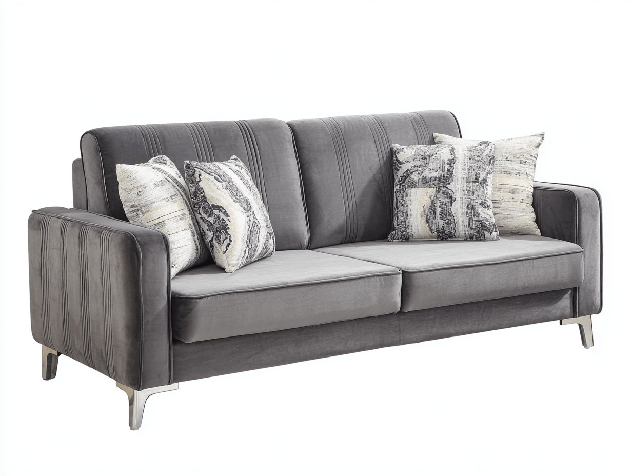 Canapé-lit 3 places en velours gris avec 2 coussins de dossier et 4 oreillers – pieds argentés – style moderne capitonné-Nestete