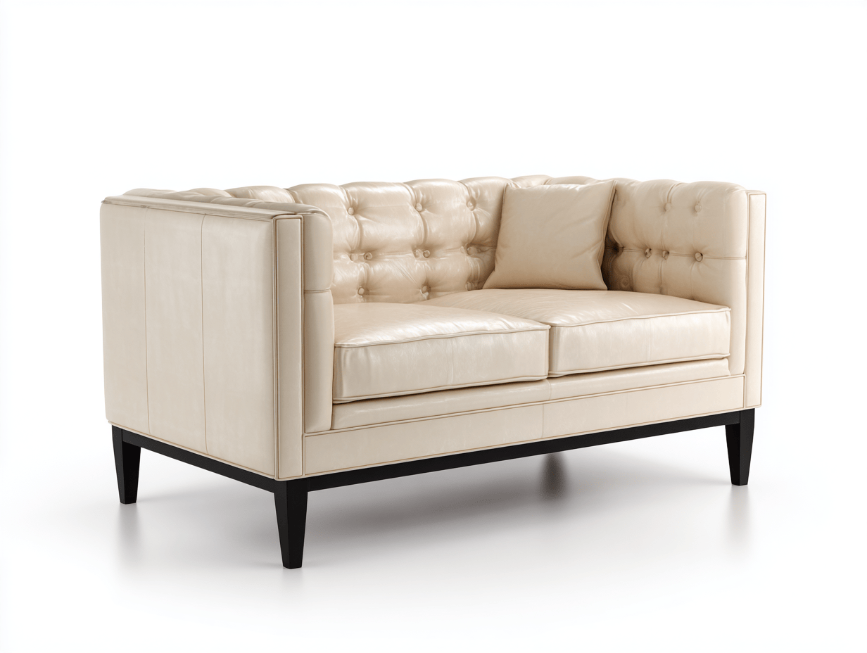 Canapé 2 places en cuir capitonné – beige – avec coussin décoratif et pieds noirs-Nestete