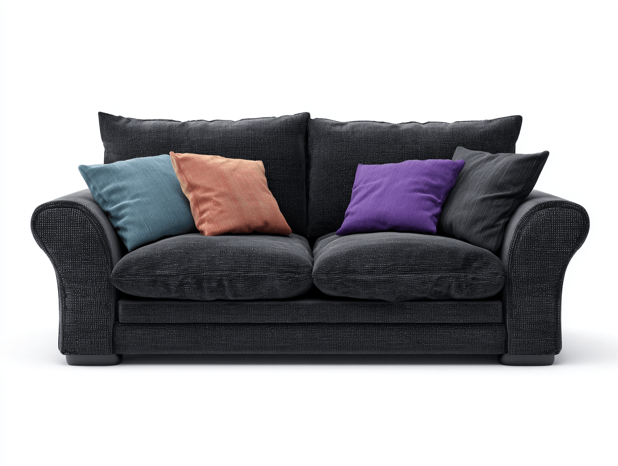 Canapé 2 places en tissu noir – avec deux coussins de dossier et quatre coussins décoratifs – style cosy moderne-Nestete