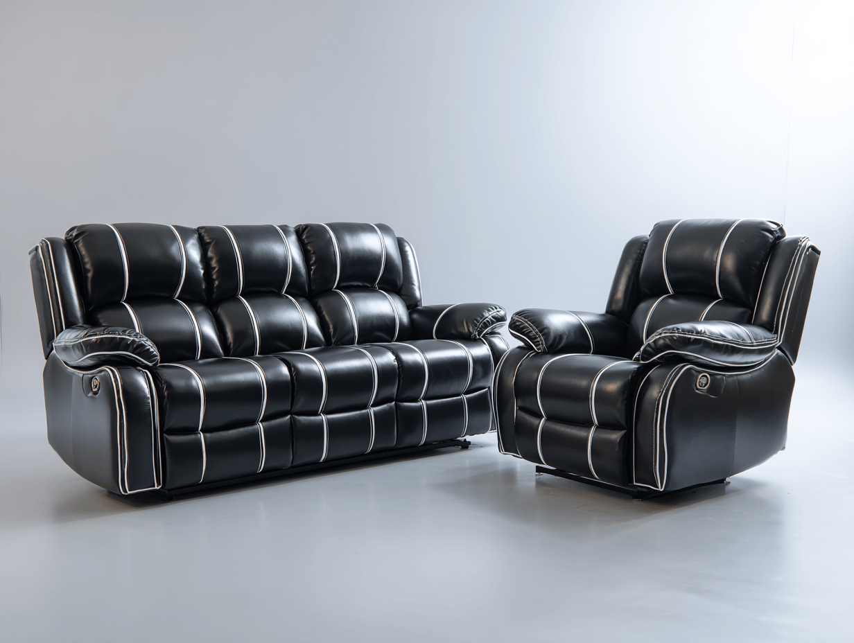 Canapé 3 places et fauteuil 1 place simili cuir noir avec surpiqûres blanches fonction relax électrique – pour salon-Nestete