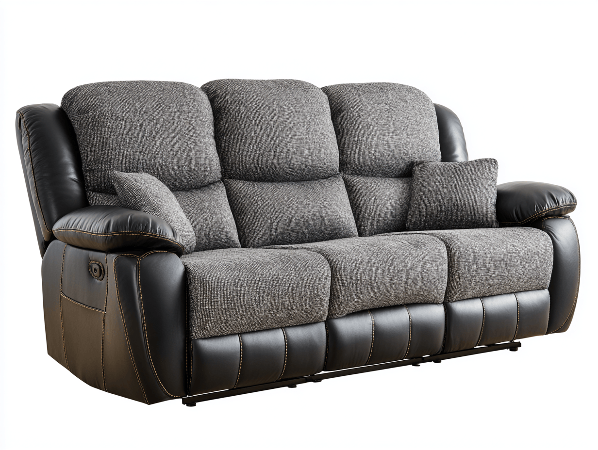 Canapé relax manuel 3 places en tissu gris et simili cuir noir – avec 2 coussins – design moderne-Nestete