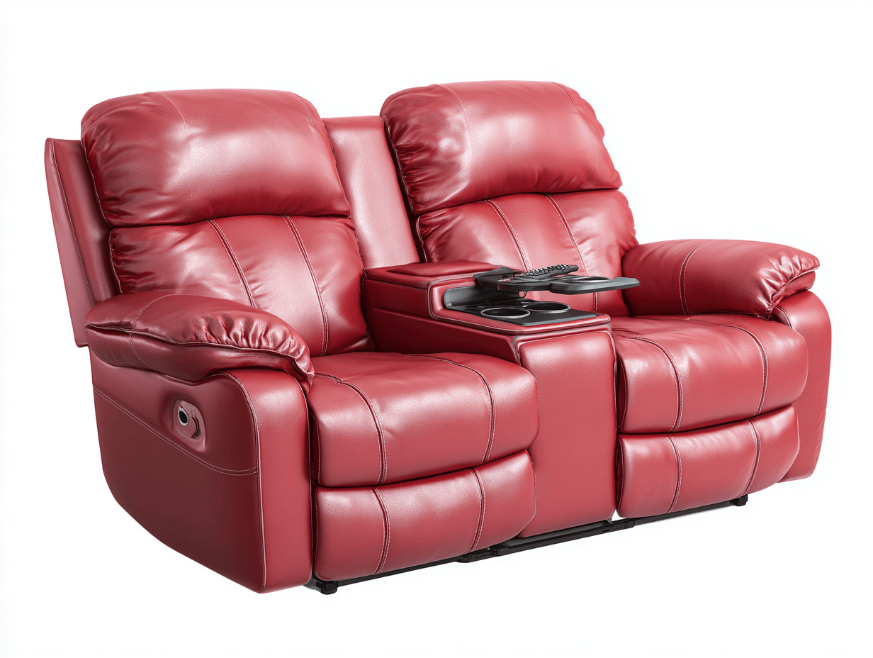 Canapé relax 2 places en cuir rouge – console centrale avec porte-gobelets et plateau rabattable – accoudoirs rembourrés-Nestete