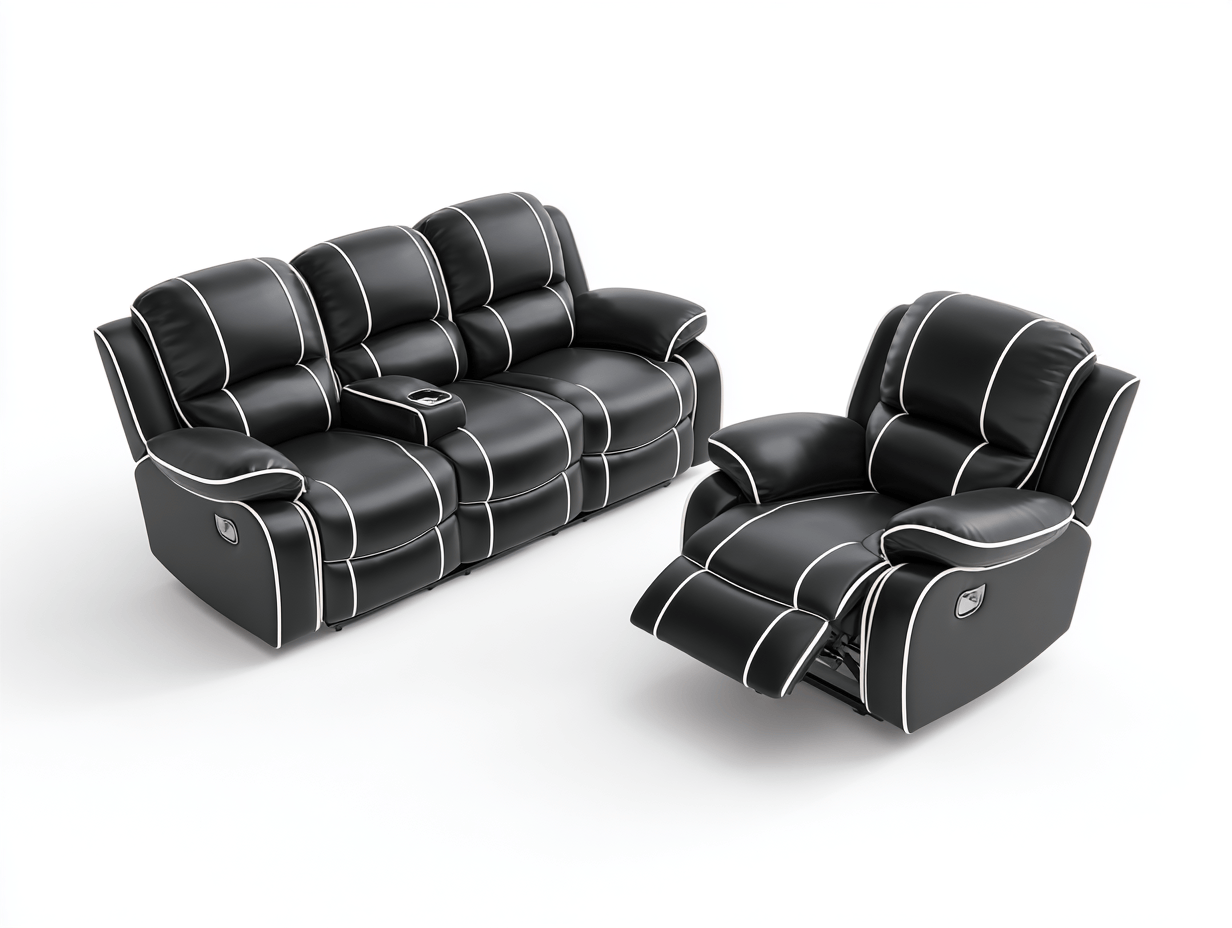 Canapé 3 places et fauteuil 1 place simili cuir noir avec surpiqûres blanches fonction relax manuelle et porte-gobelet – pour salon-Nestete