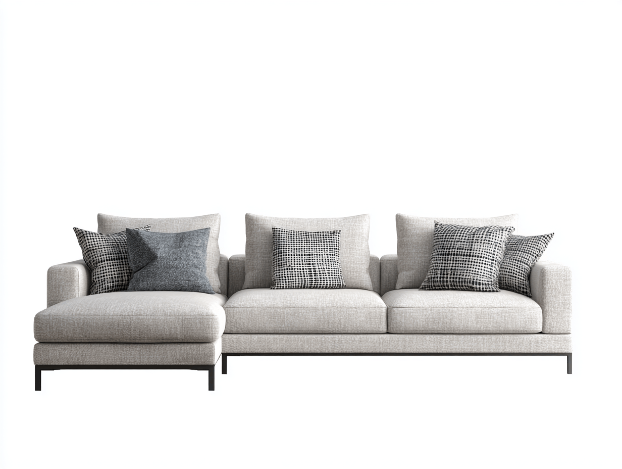 Canapé d'angle droit en tissu gris clair - 3 coussins et 5 oreillers - style moderne et pieds fins noirs-Nestete