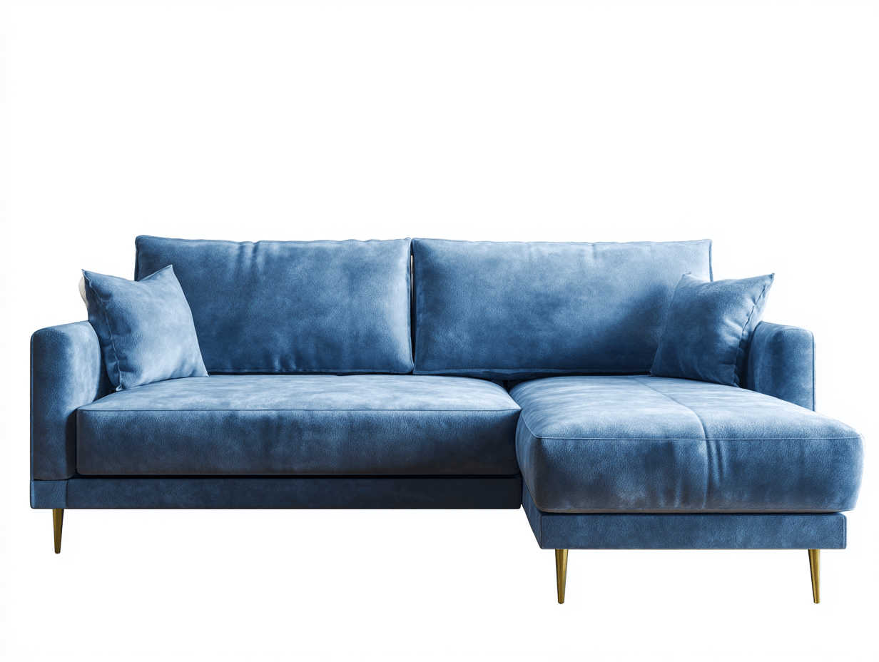Canapé d'angle convertible côté gauche, tissu bleu – 3 places – 2 coussins + 2 oreillers – Pieds dorés-Nestete