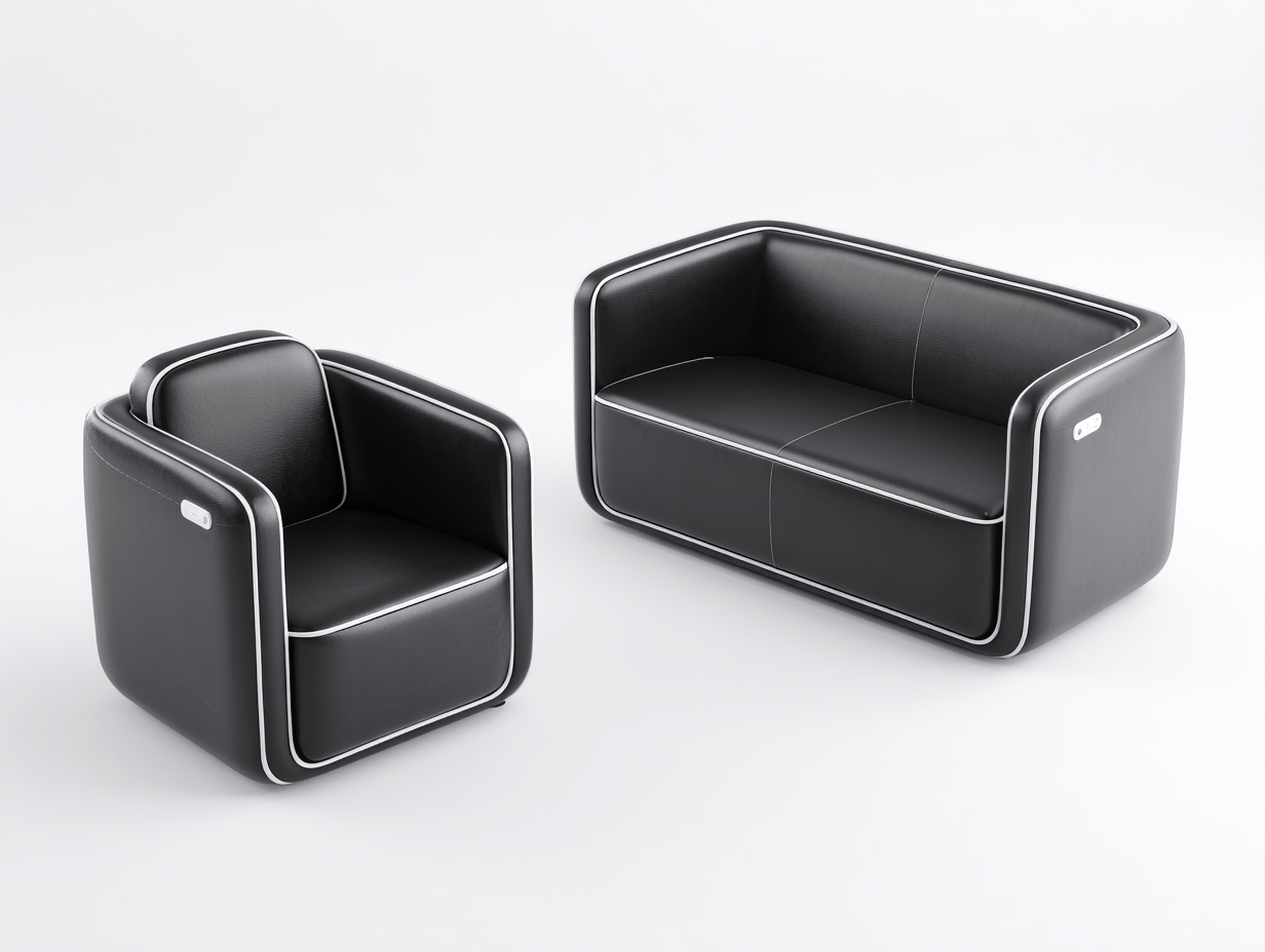 Canapé 2 places et fauteuil 1 place simili cuir noir avec liseré blanc design moderne compact – pour salon-Nestete