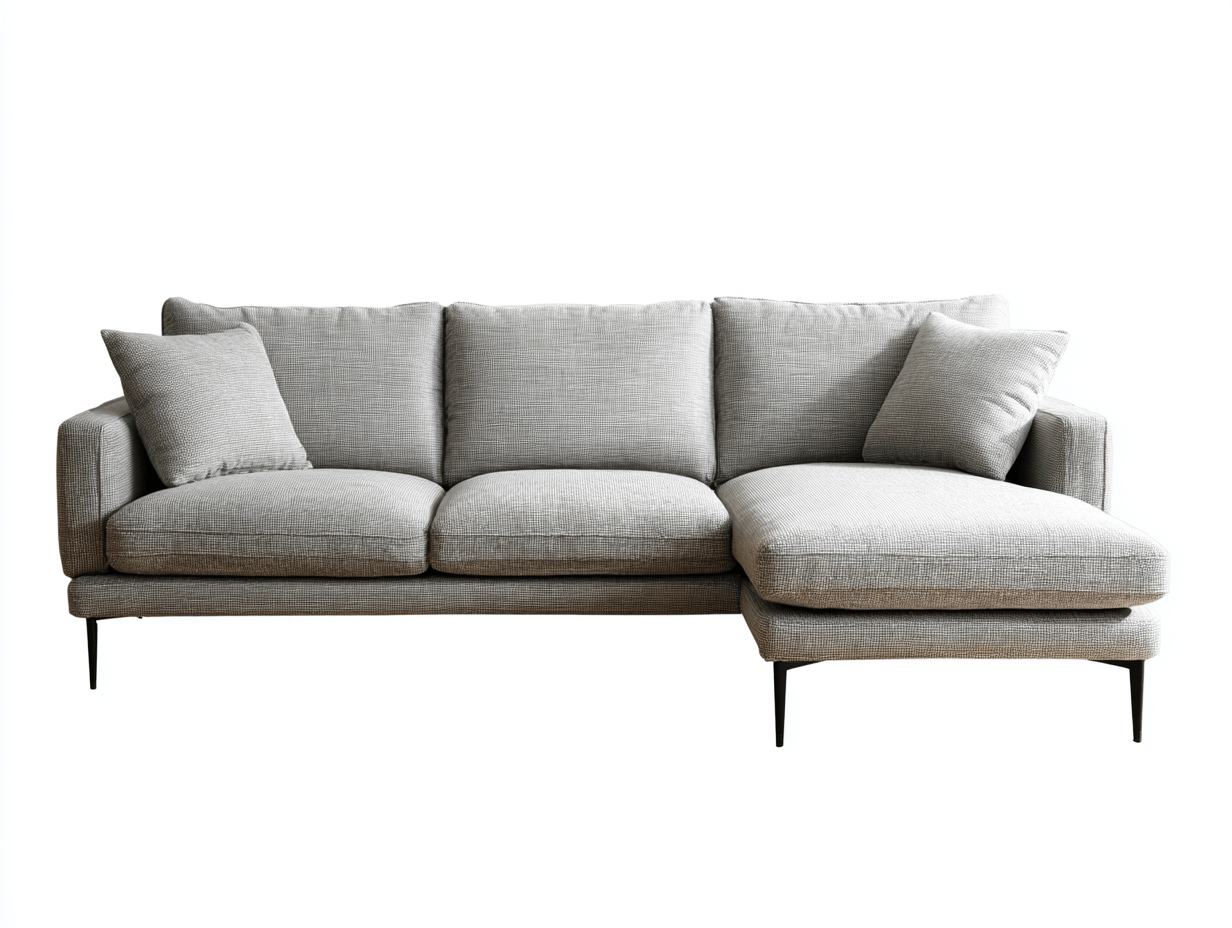 Canapé d'angle gauche, tissu gris clair, 3 coussins et 2 oreillers, style moderne, pieds fins noirs-Nestete