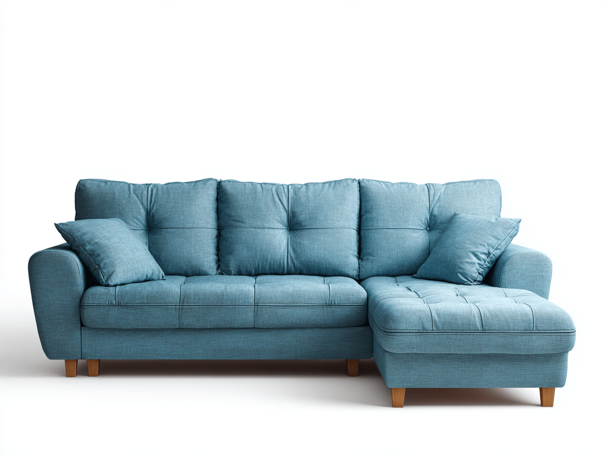 Canapé d'angle convertible côté gauche, tissu bleu, 3 places, 3 coussins + 2 oreillers, style contemporain-Nestete