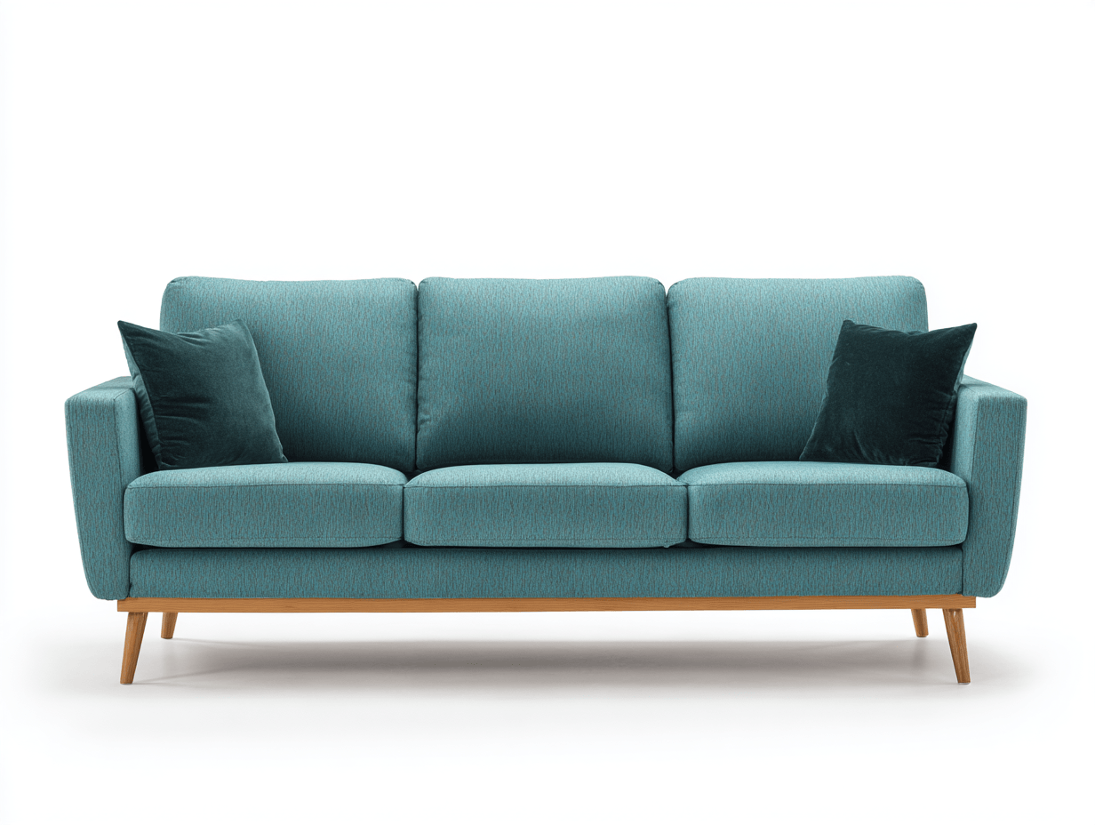 Canapé 3 places en tissu bleu sarcelle – pieds en bois – 2 oreillers – design scandinave-Nestete