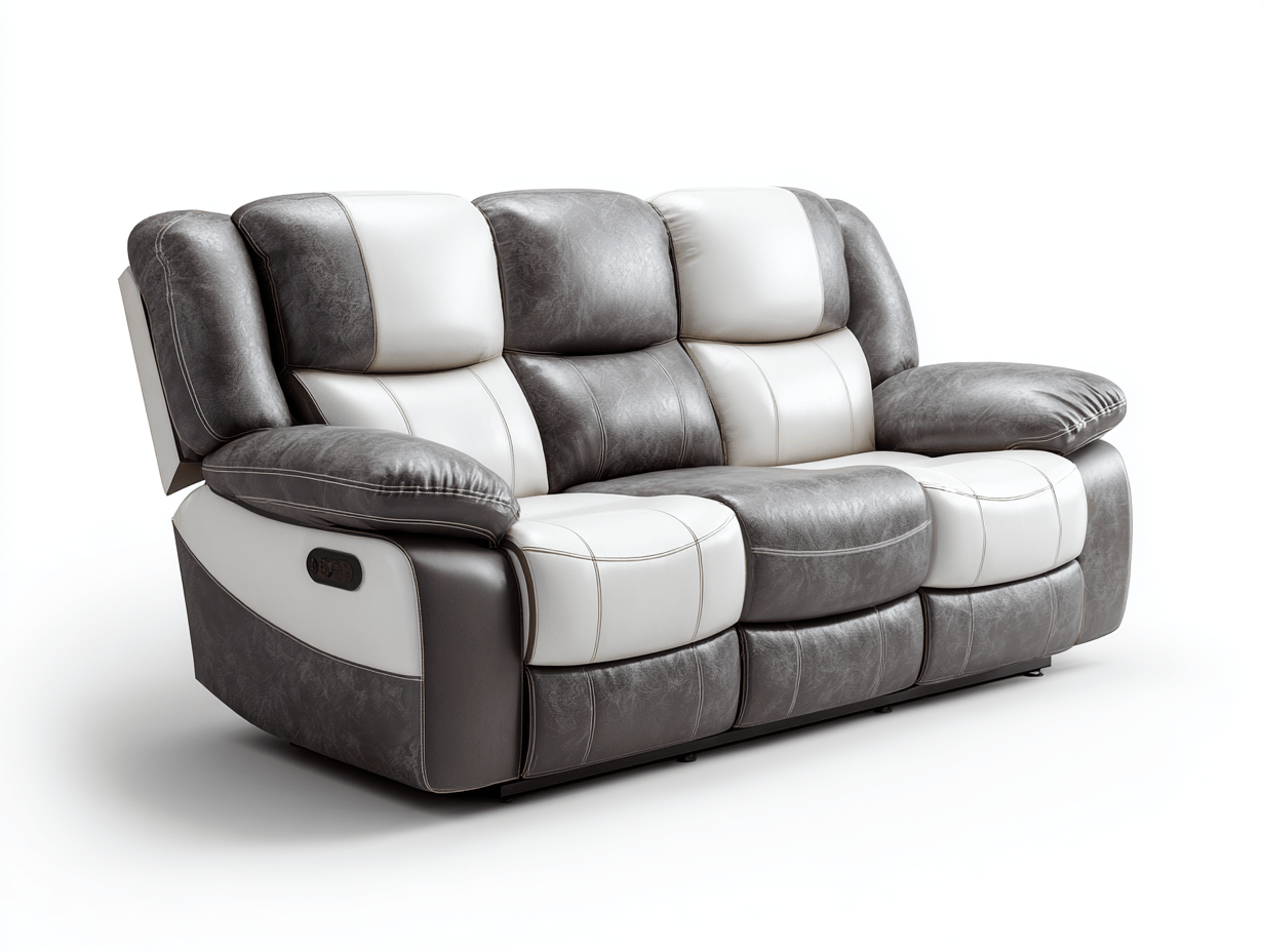 Canapé relax électrique 3 places simili cuir gris marbré et blanc – rembourrage généreux – commande latérale-Nestete