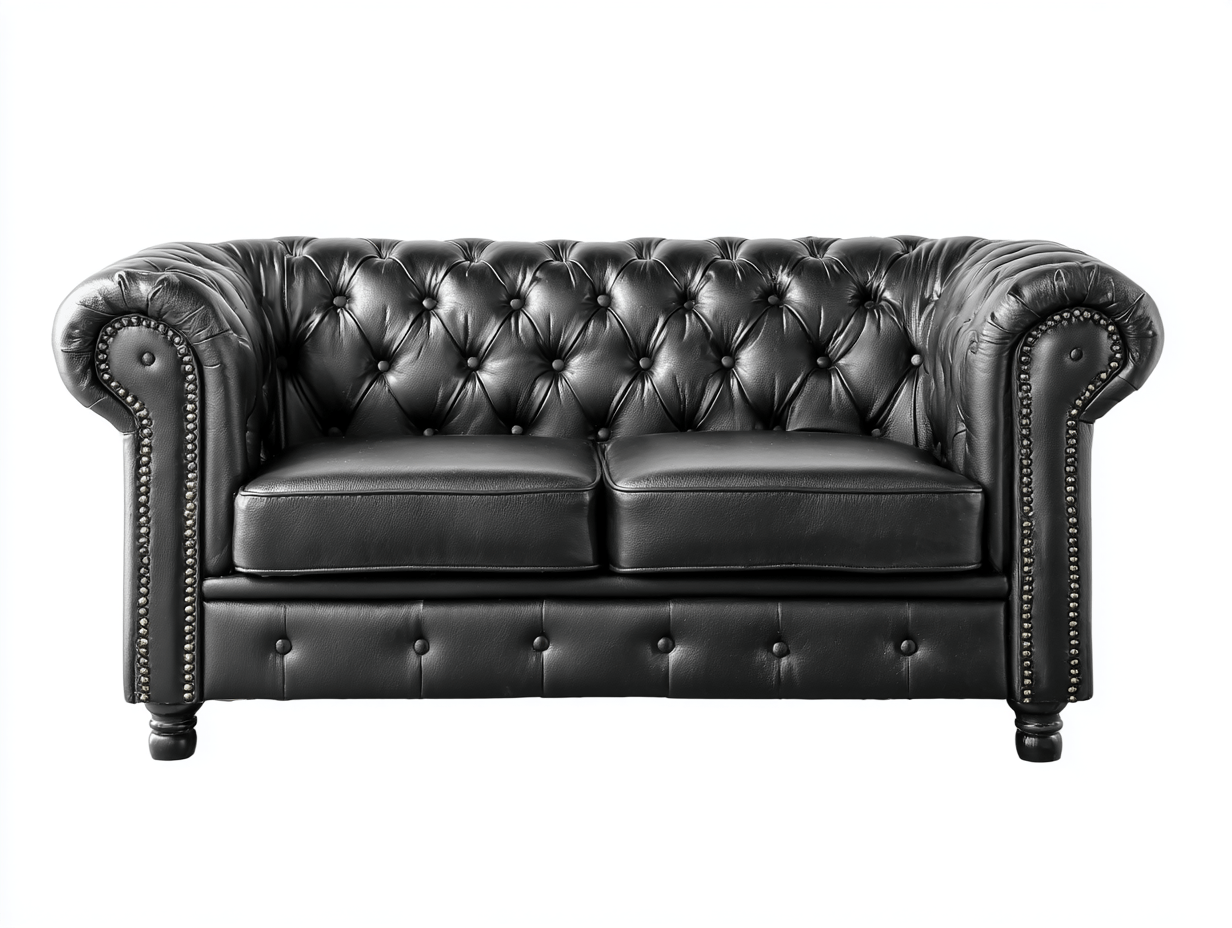 Canapé Chesterfield 2 places en cuir noir – dossier capitonné – style vintage-Nestete