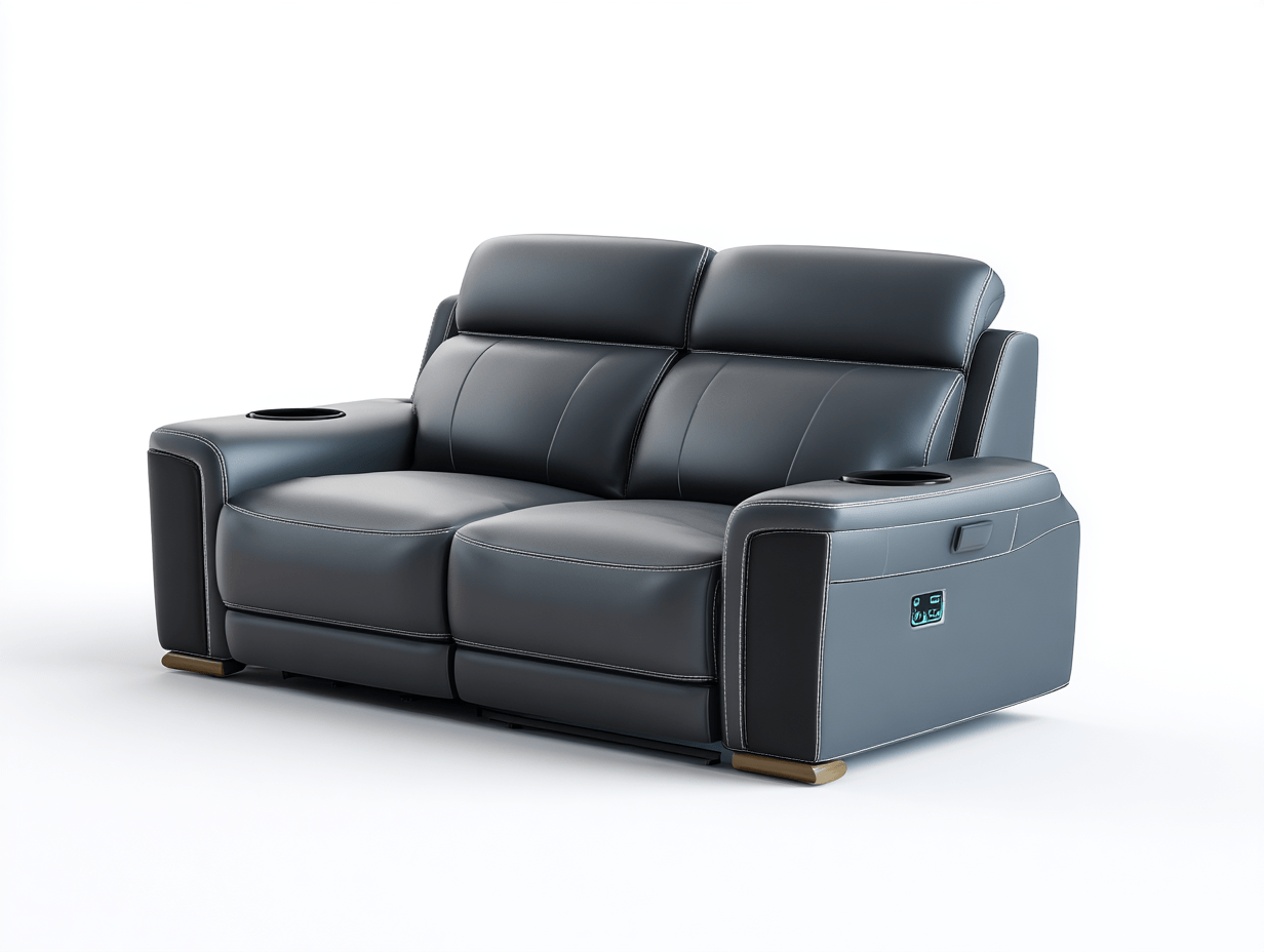 Canapé relax 2 places en cuir synthétique gris – motorisé – avec porte-gobelets et ports USB – design moderne-Nestete
