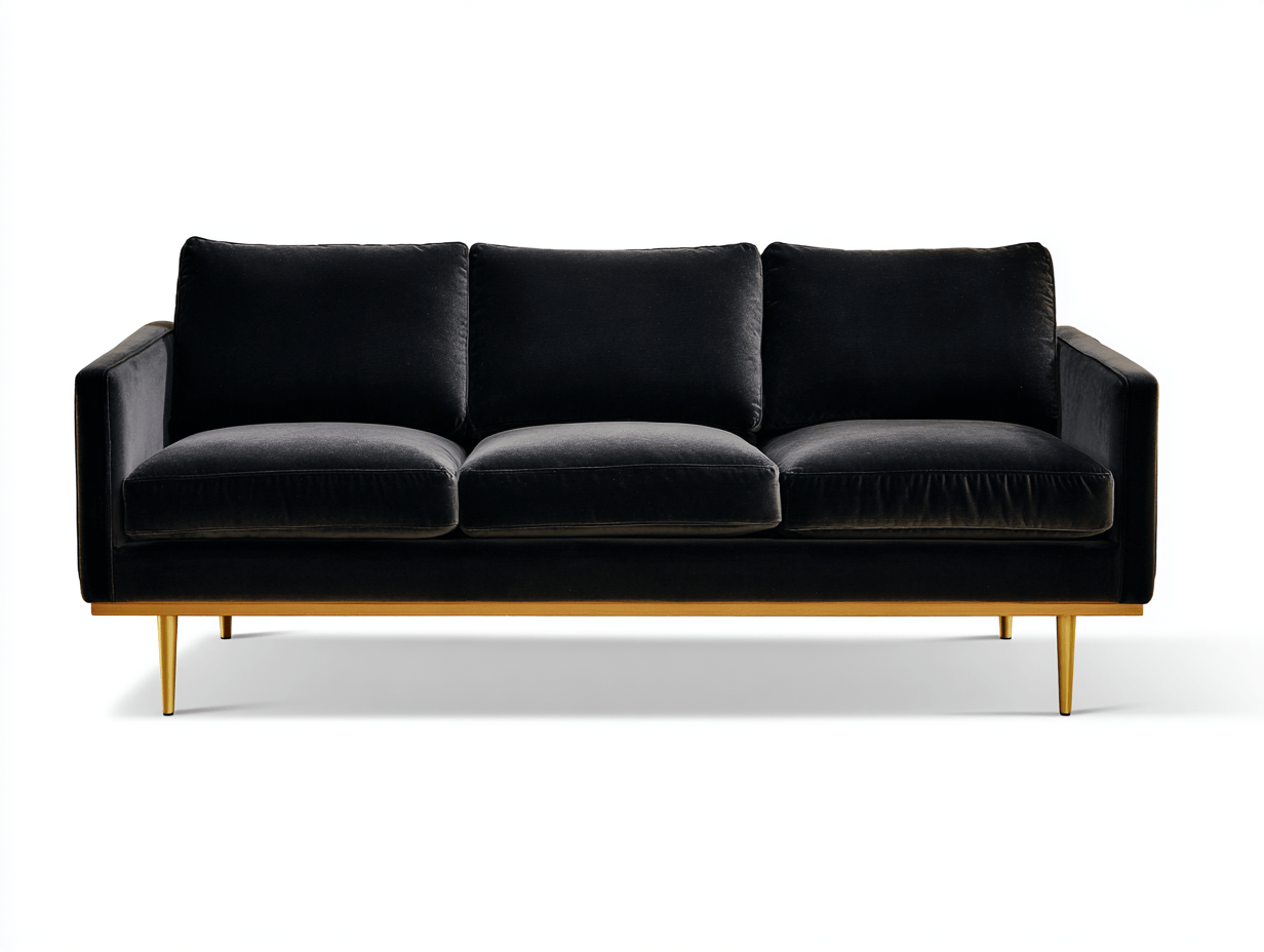 Canapé 3 places velours noir pieds métal doré avec trois coussins de dossier – style moderne chic pour salon-Nestete