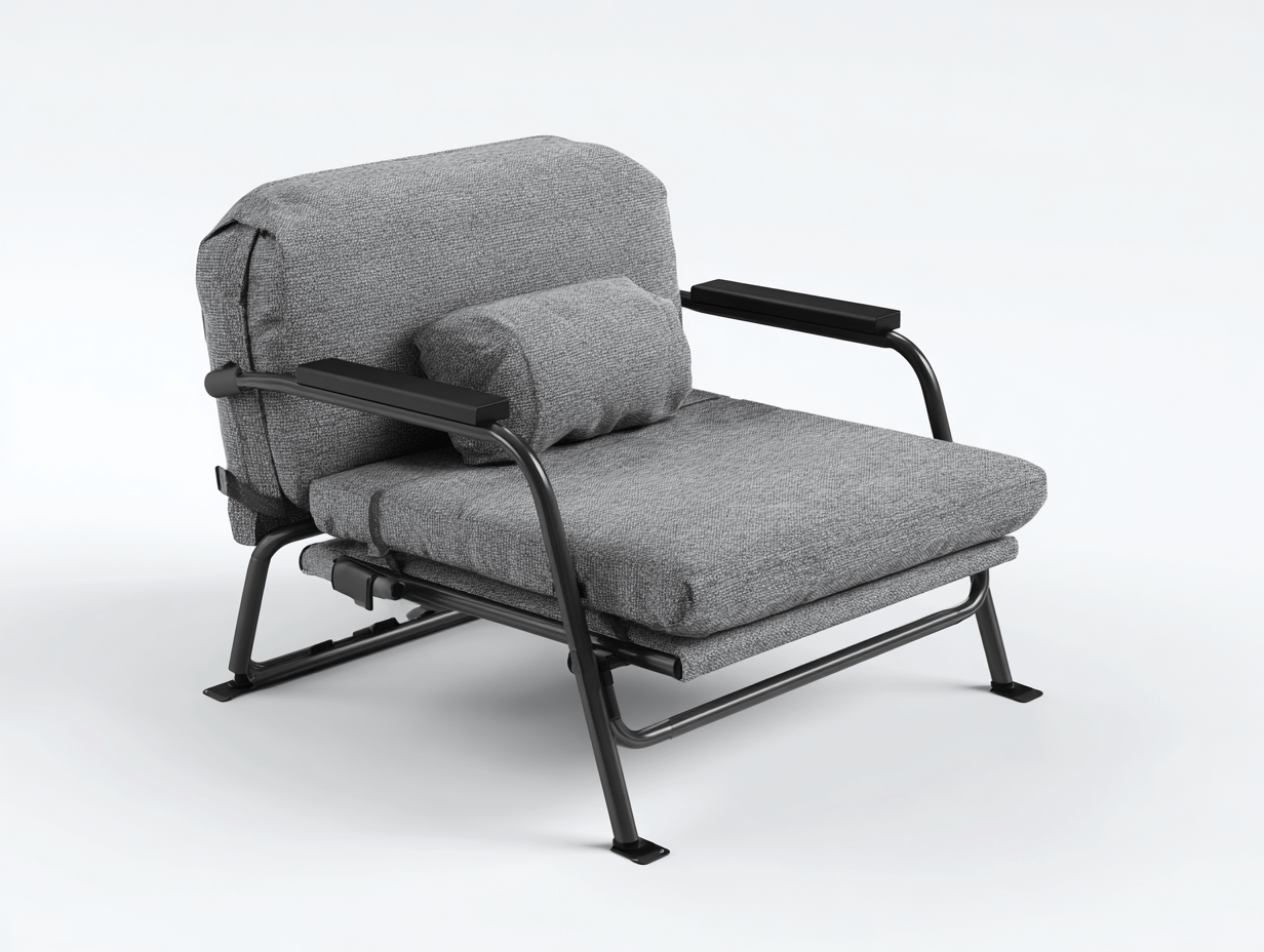 Chaise pliante tissu gris structure métal noire avec coussin lombaire et accoudoirs – pour extérieur et intérieur-Nestete
