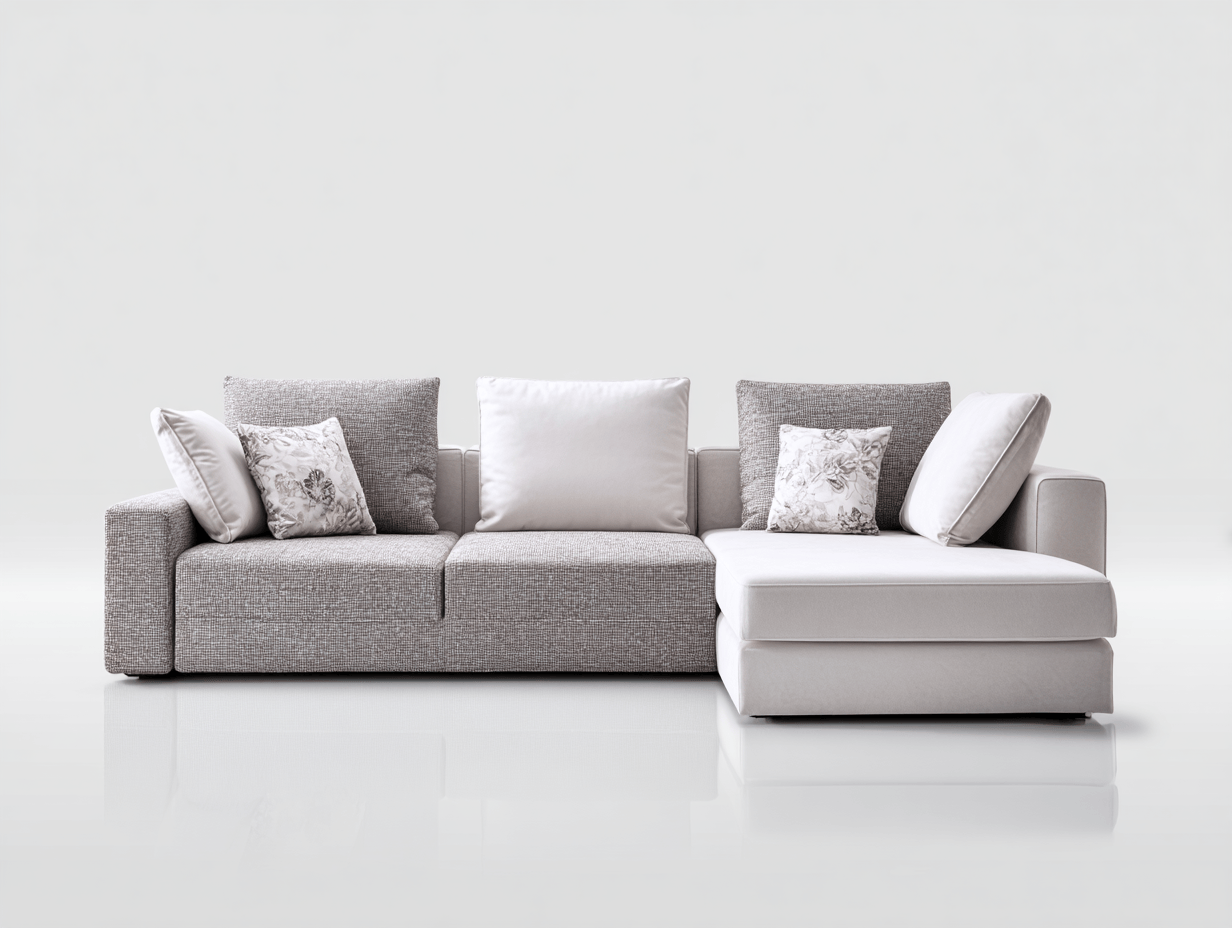 Canapé d’angle tissu gris clair et blanc  – style moderne – avec trois coussins de dossier et quatre oreillers déco – méridienne côté gauche – assise fixe sans bouton visible-Nestete