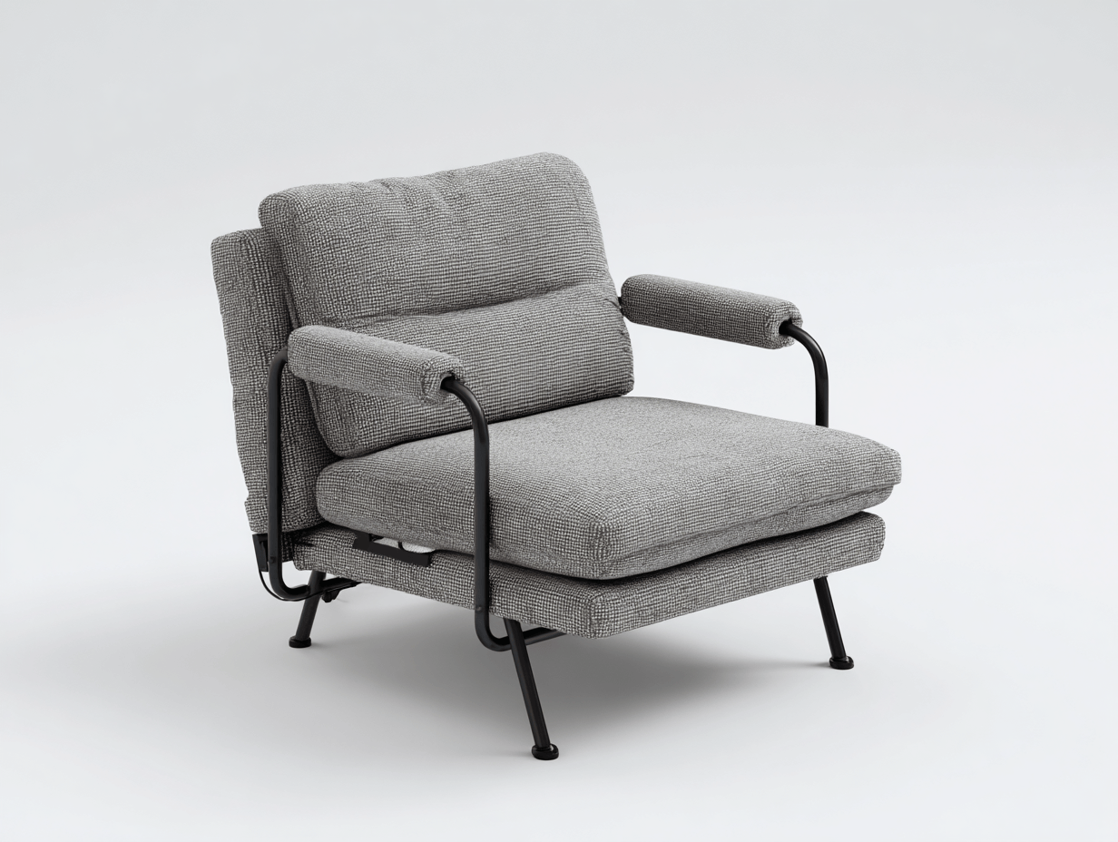 Chaise pliante tissu gris structure métal noire avec accoudoirs et coussin épais – pour extérieur et intérieur-Nestete