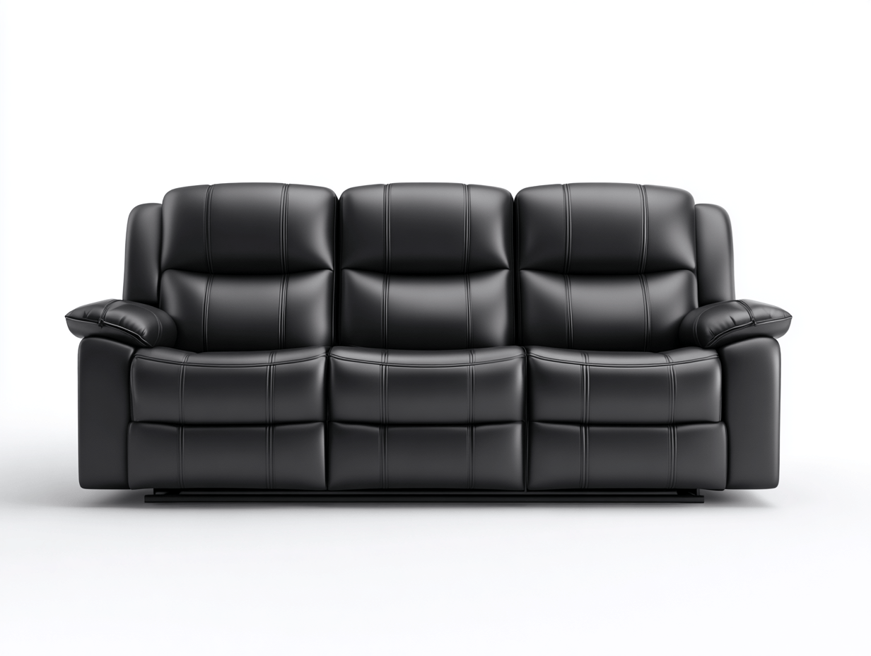 Canapé 3 places simili cuir noir avec fonction relax manuelle et accoudoirs rembourrés – pour salon ou salle home cinéma-Nestete