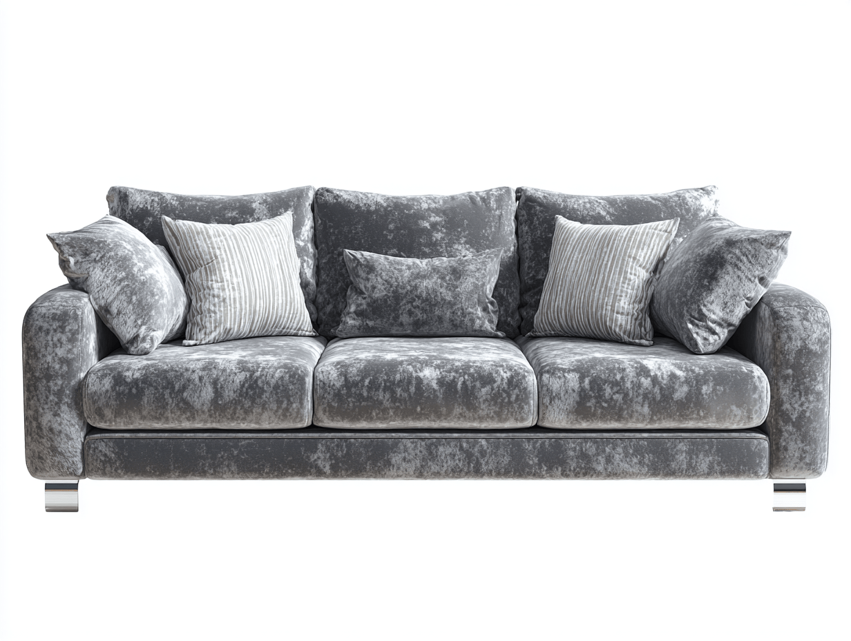 Canapé-lit 3 places en velours gris avec 3 coussins et 5 coussins décoratifs - Pieds chromés - Style luxueux et moderne-Nestete