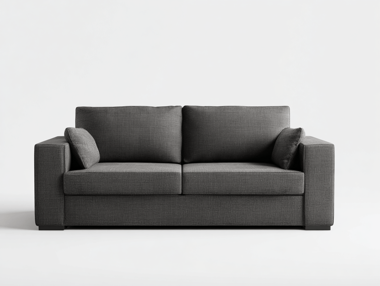 Canapé convertible tissu gris foncé 2 places – avec 2 coussins de dossier et 2 coussins décoratifs – accoudoirs droits – pour salon contemporain-Nestete