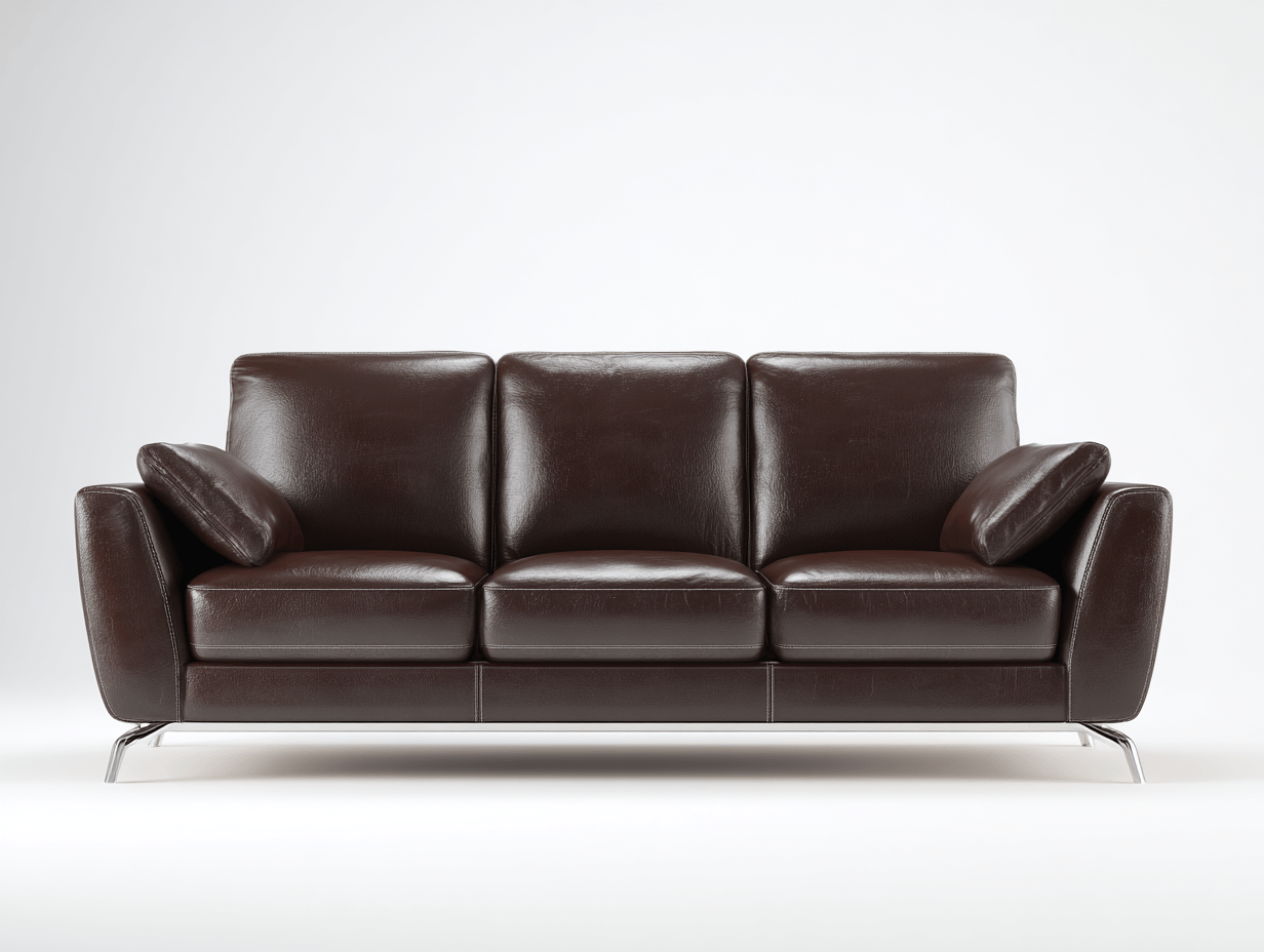 Canapé 3 places cuir marron foncé – style moderne – avec trois coussins et deux oreillers déco – pieds métal chromé – assise fixe sans bouton visible-Nestete