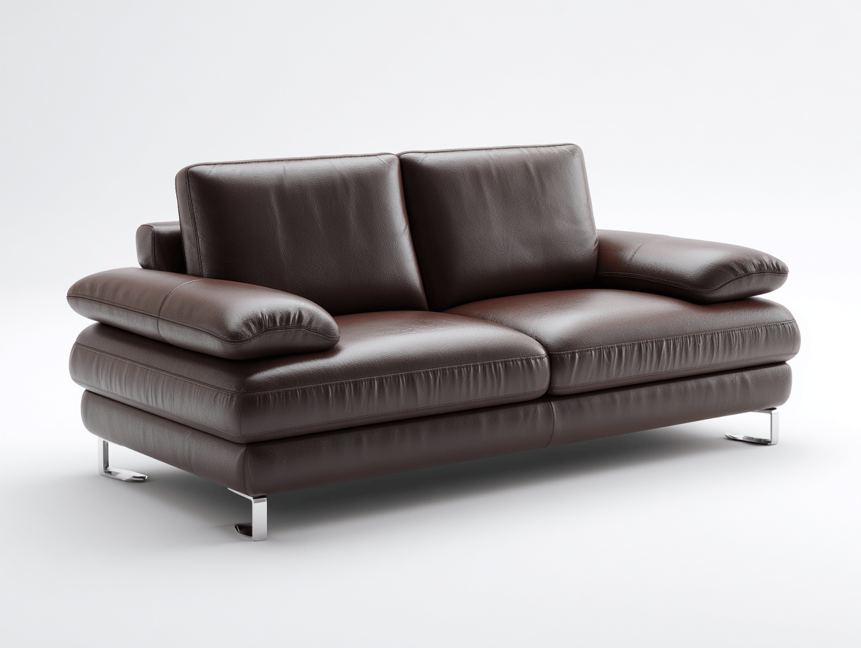 Canapé 2 places cuir marron foncé  – style moderne – accoudoirs rembourrés – pieds métal chromé – assise fixe sans bouton visible-Nestete