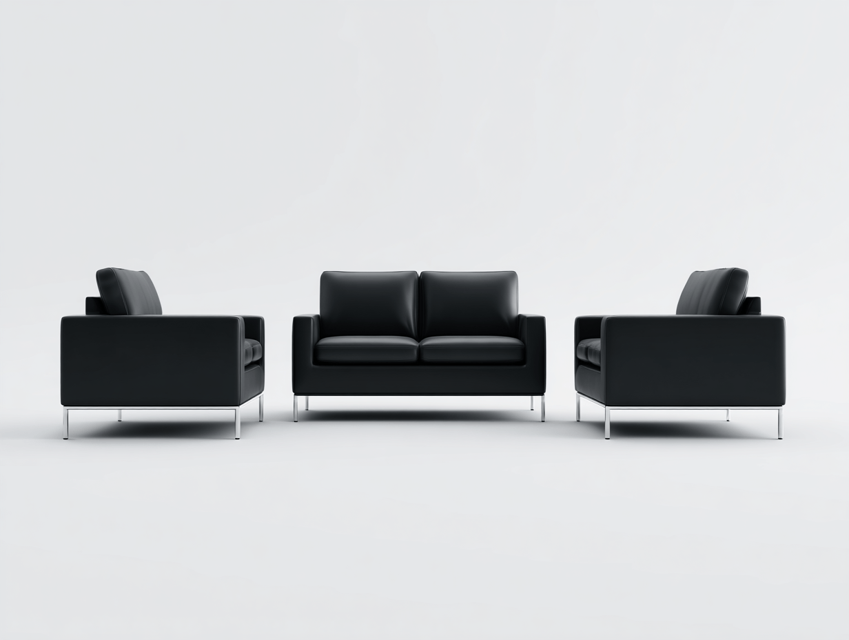 Canapé 2 places avec deux fauteuils simili cuir noir pieds métal argenté style moderne – pour salon ou bureau-Nestete