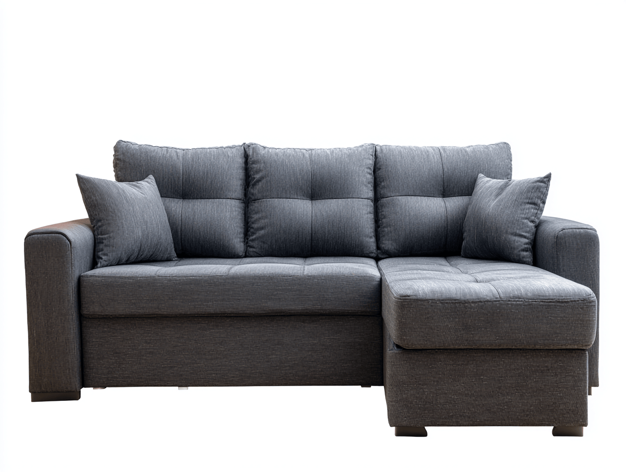 Canapé d'angle gauche en tissu gris foncé, 3 places, avec 3 coussins de dossier et 2 oreillers-Nestete