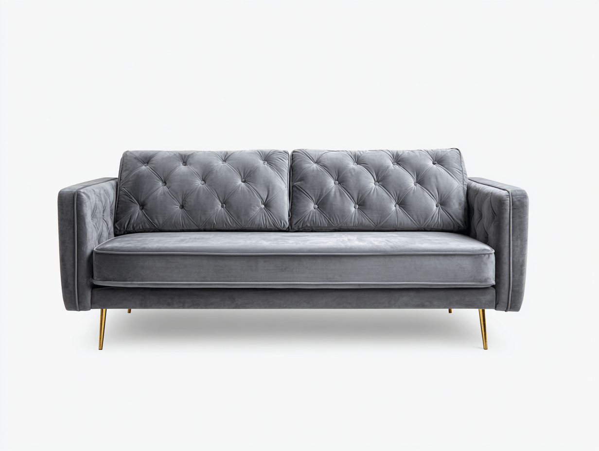 Canapé 2 places en velours gris – dossier capitonné – pieds dorés – style élégant-Nestete