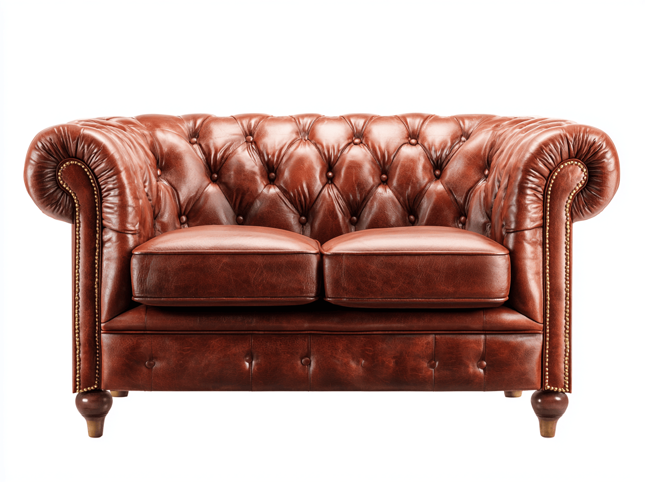 Canapé Chesterfield 2 places en cuir brun vintage – design capitonné – pieds tournés en bois-Nestete