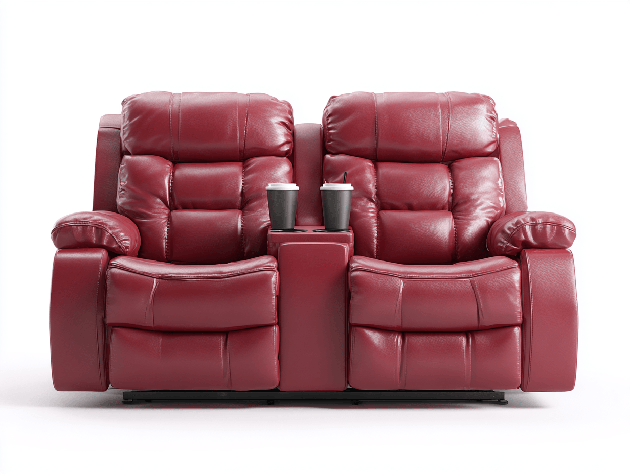 Canapé relax 2 places en cuir rouge – avec accoudoirs rembourrés et double porte-gobelets – design contemporain-Nestete