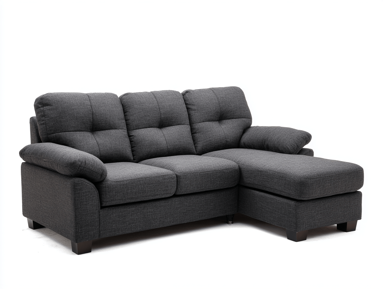 Canapé d'angle gauche, tissu gris foncé, 3 places, accoudoirs rembourrés, 3 coussins-Nestete